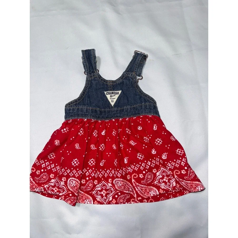 OshKosh B'gosh Baby Girl Denim Red Bandana Paisley Overall Dress 6M Vestbak